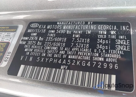 2019 Kia Sorento 3.3L Ex из США, поврежденный, VIN 5XYPH4A52KG472996